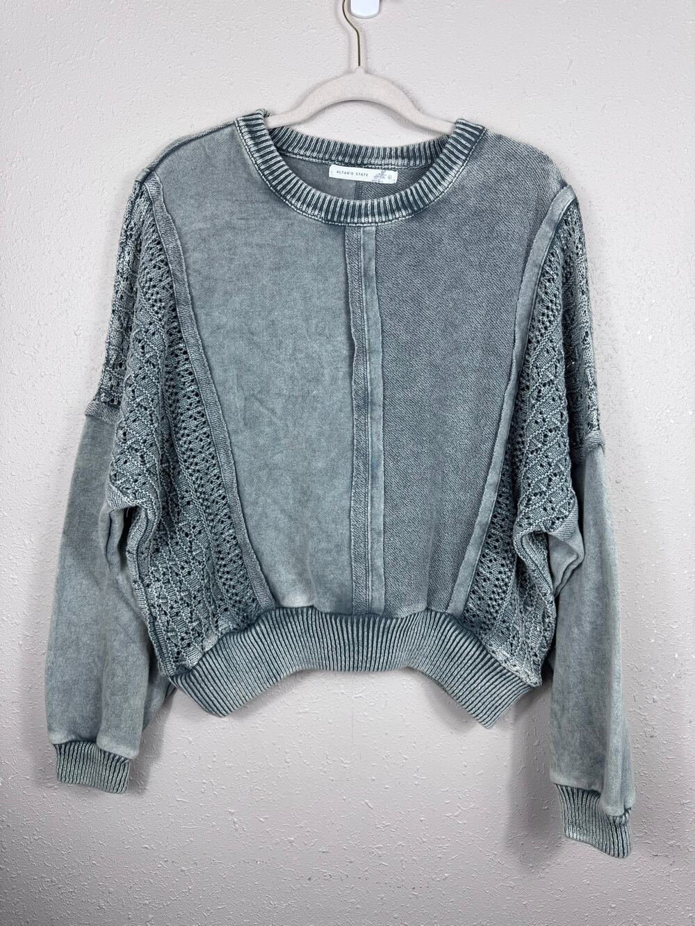 Altar'd State Mixed Media Acid Washed Crochet Sweater Size Large